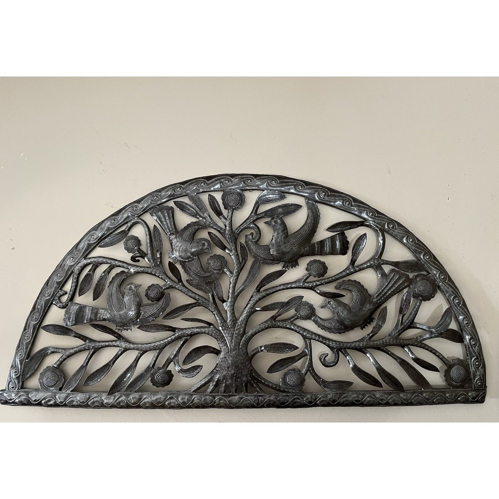 Julio Balan Pierced Metal Tree of Life Wall Art Birds Signed Haiti 34.5" x 16"